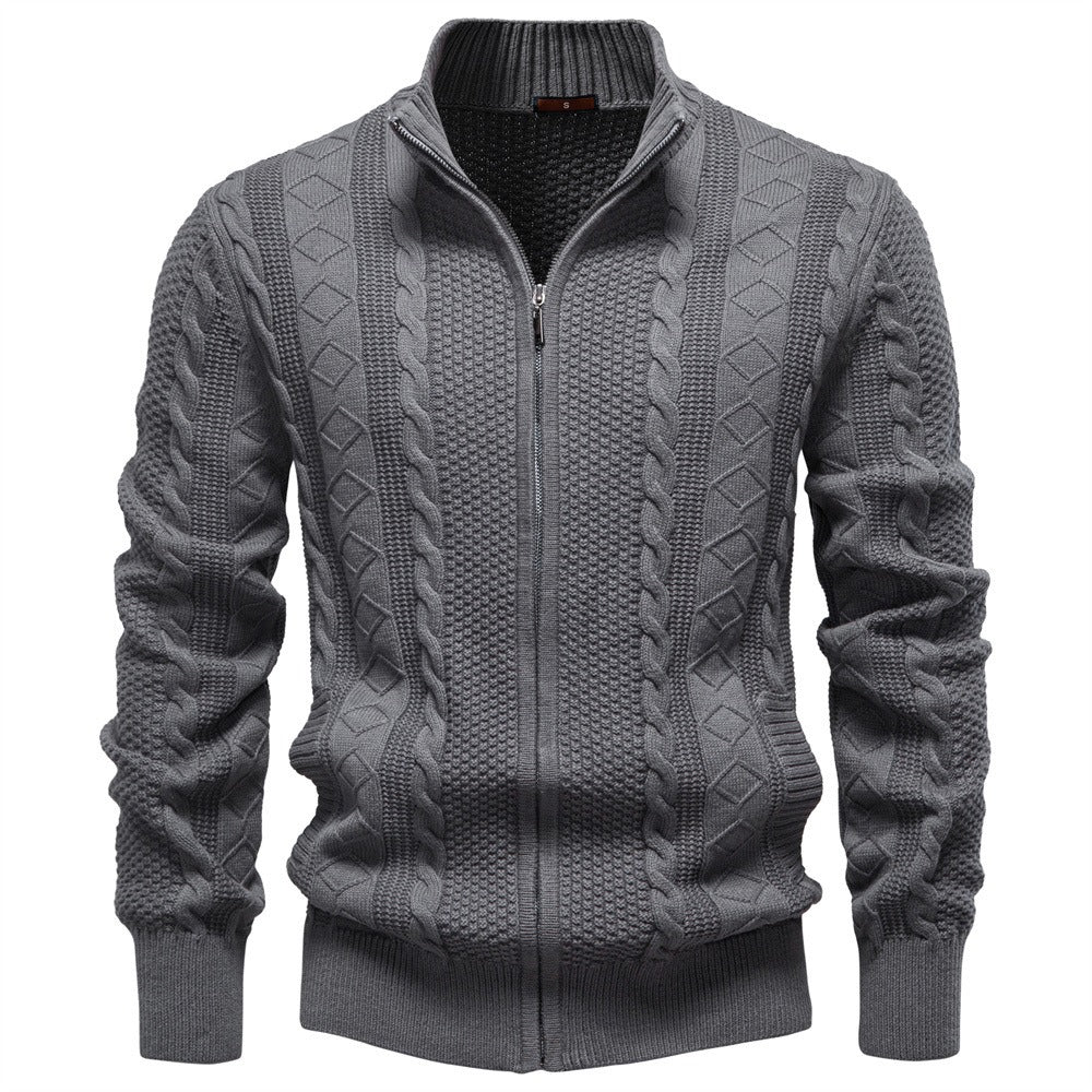 Men’s Zip-Up Stand Collar Cable Knit Sweater