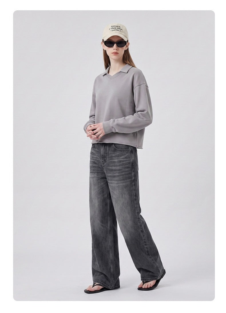 Washed Boxy V-Neck Terry Sweatshirt