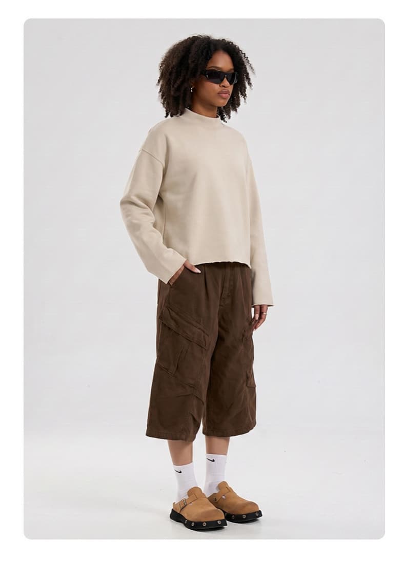 Distressed Boxy Mock Neck Streetwear Sweatshirt