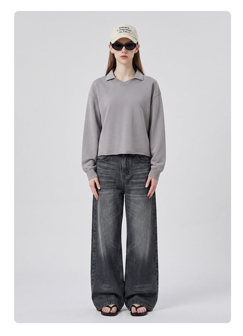 Washed Boxy V-Neck Terry Sweatshirt