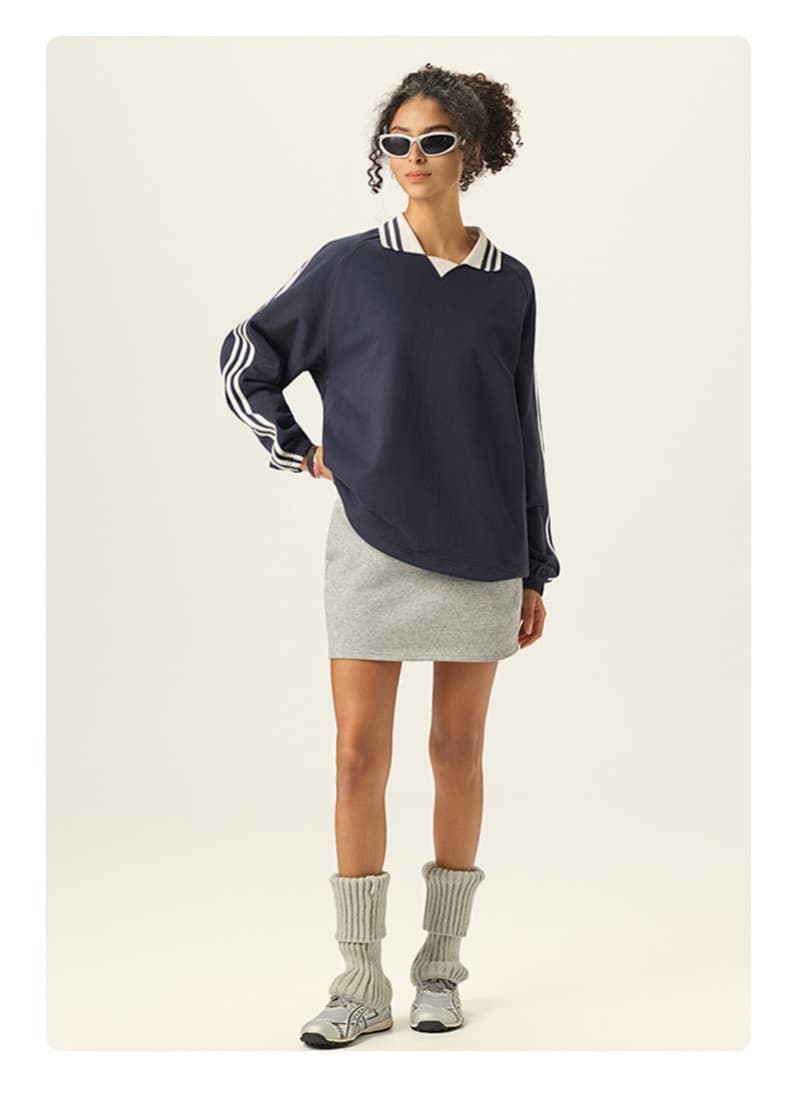 Striped Cotton Collared Pullover Sweatshirt