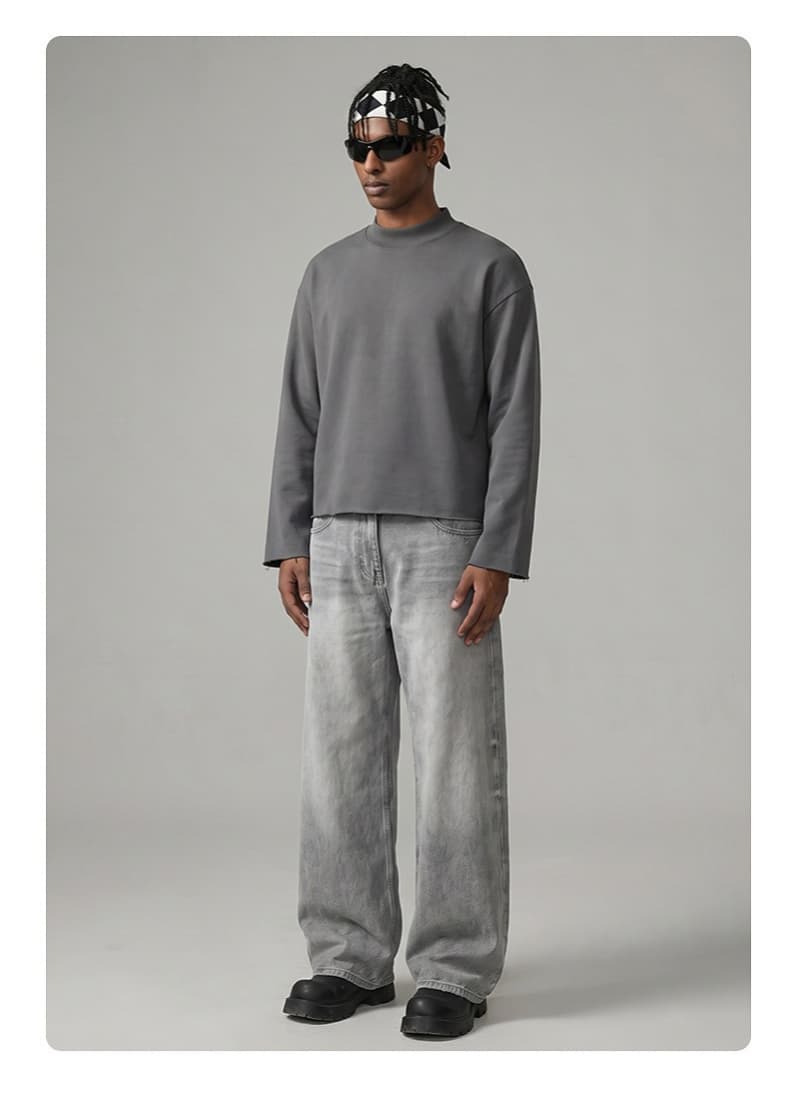 Distressed Boxy Mock Neck Streetwear Sweatshirt