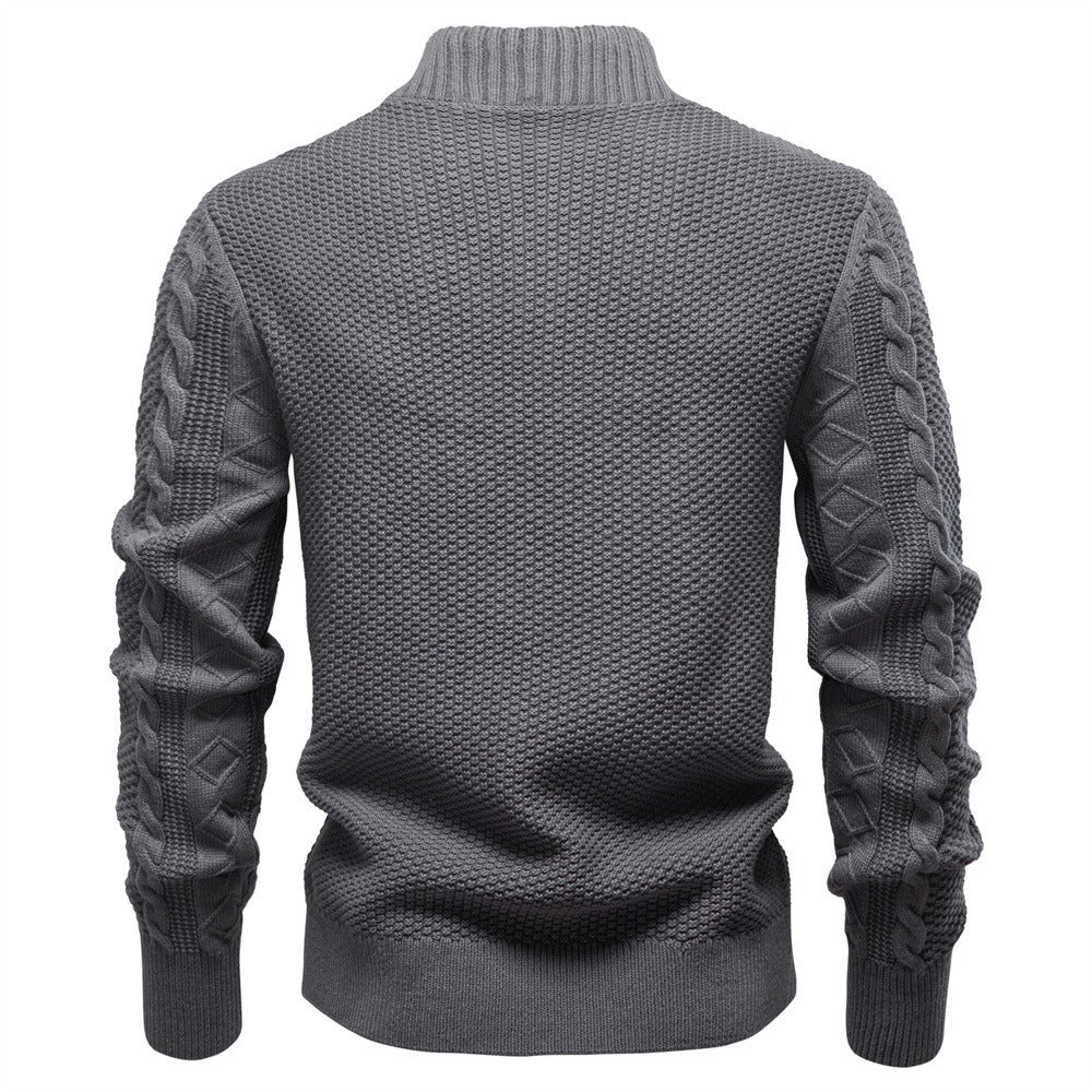 Men’s Zip-Up Stand Collar Cable Knit Sweater