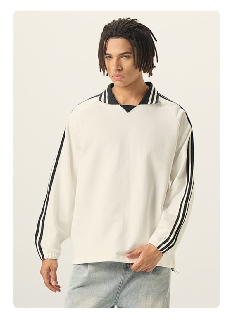 Striped Cotton Collared Pullover Sweatshirt