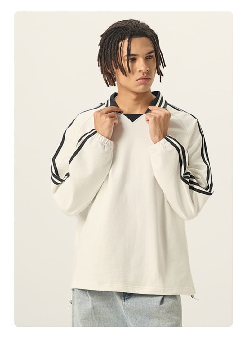 Striped Cotton Collared Pullover Sweatshirt