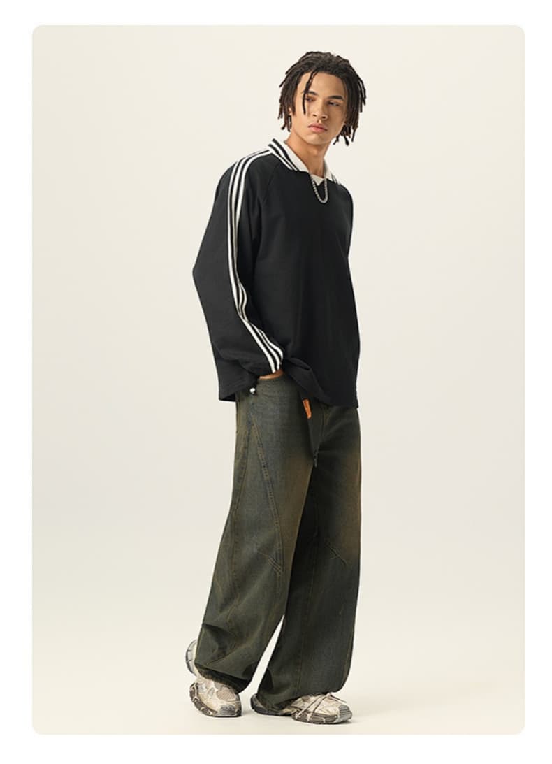 Striped Cotton Collared Pullover Sweatshirt
