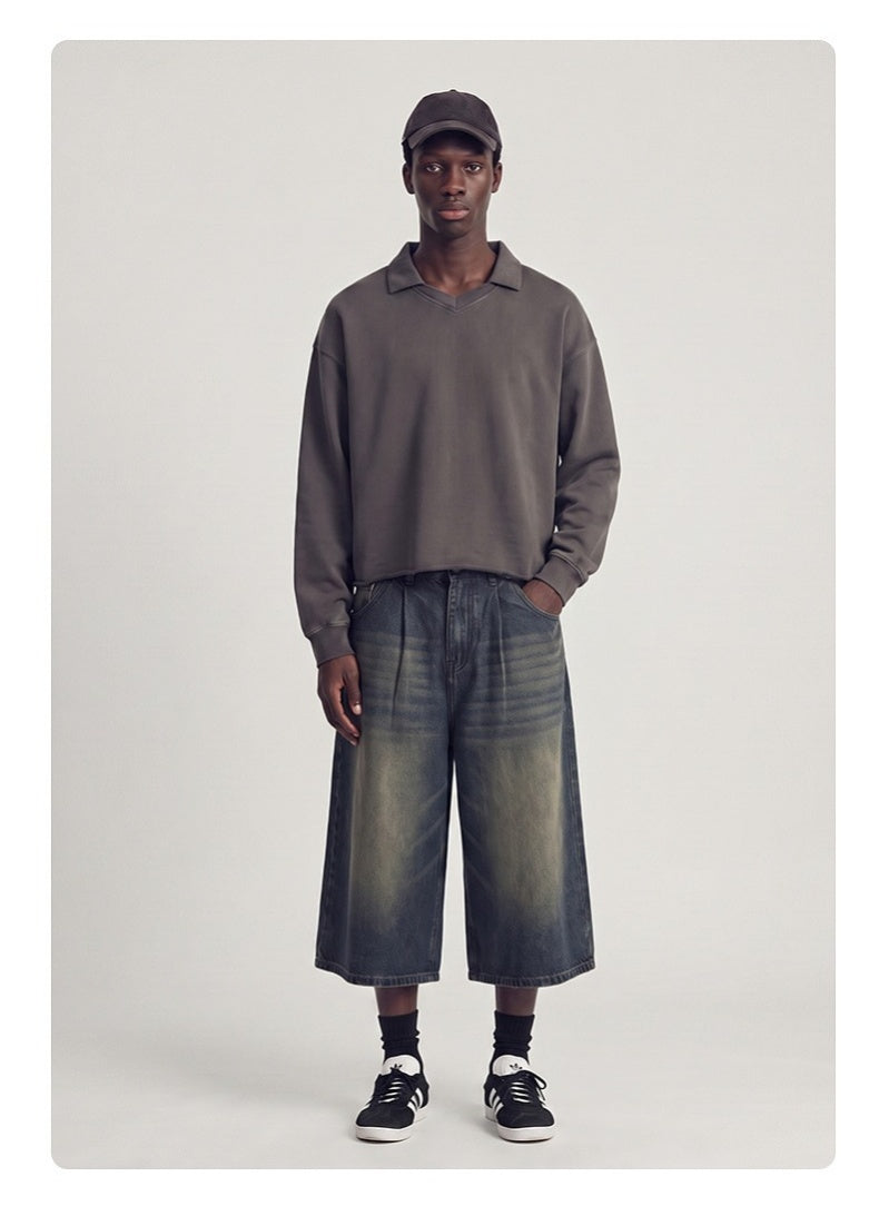 Washed Boxy V-Neck Terry Sweatshirt