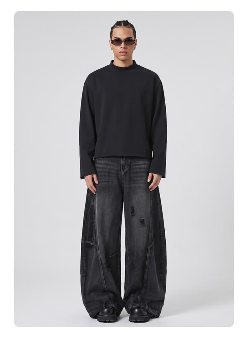 Distressed Boxy Mock Neck Streetwear Sweatshirt