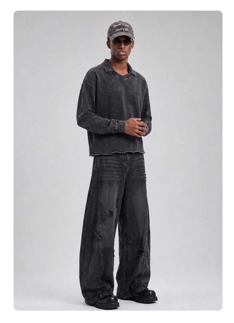 Washed Boxy V-Neck Terry Sweatshirt