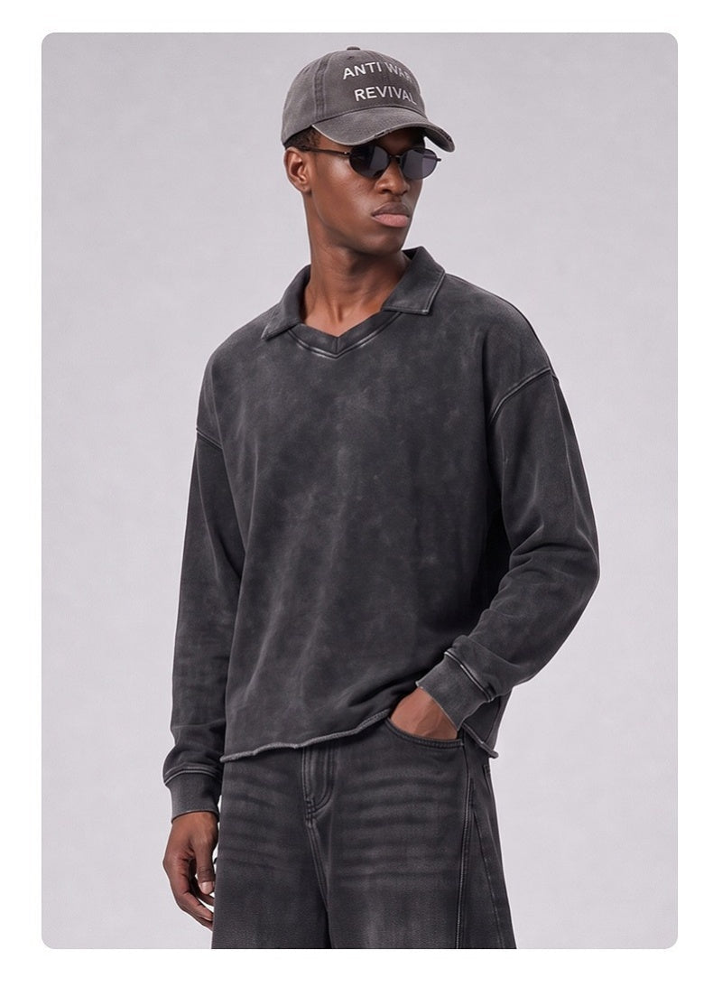 Washed Boxy V-Neck Terry Sweatshirt