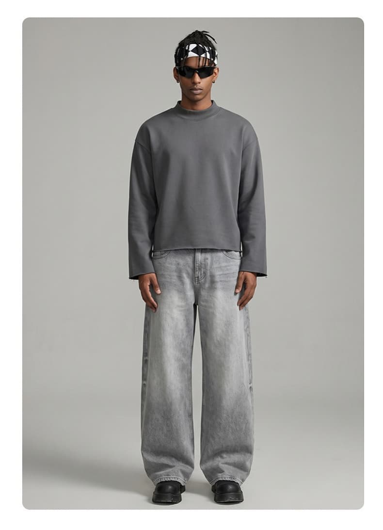 Distressed Boxy Mock Neck Streetwear Sweatshirt