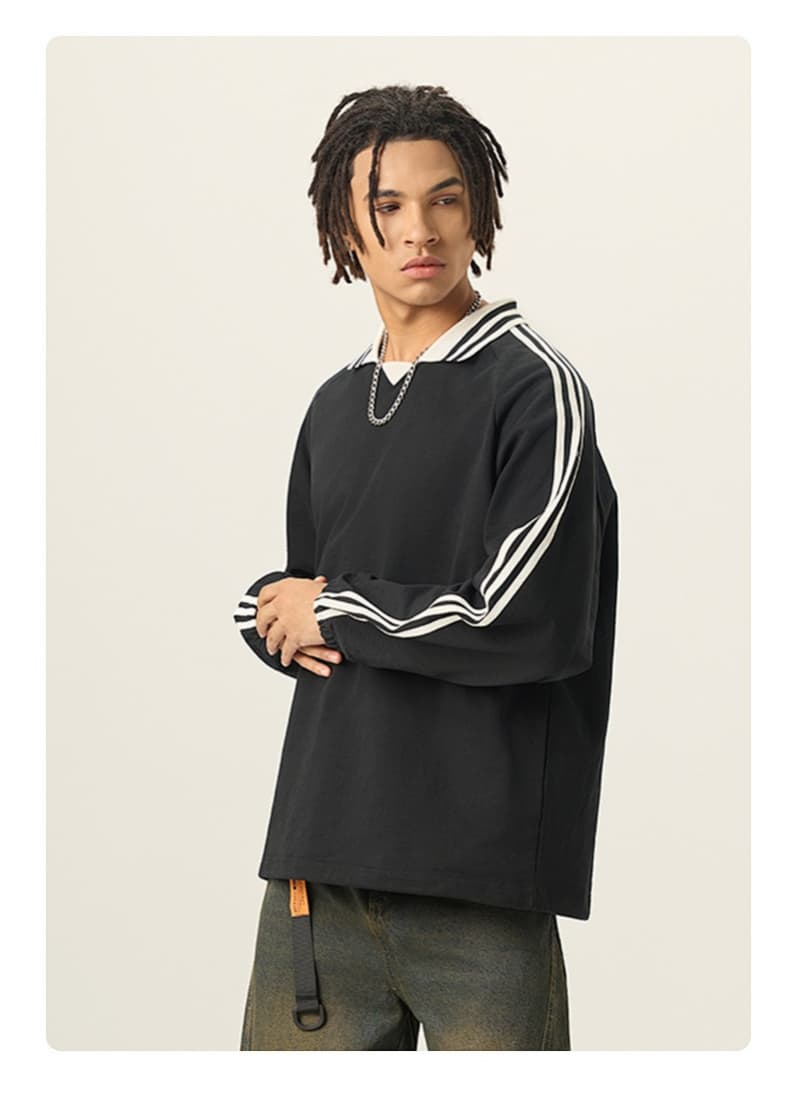Striped Cotton Collared Pullover Sweatshirt