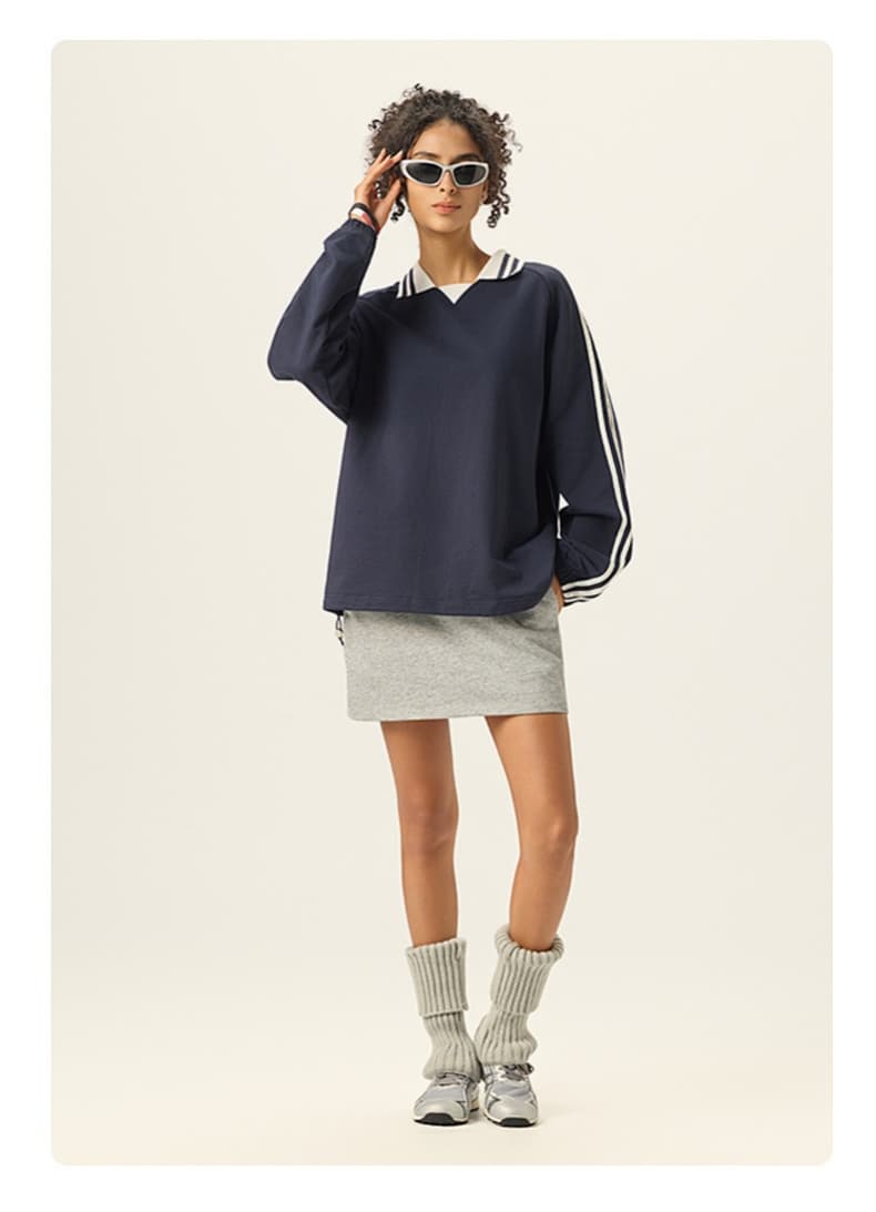 Striped Cotton Collared Pullover Sweatshirt