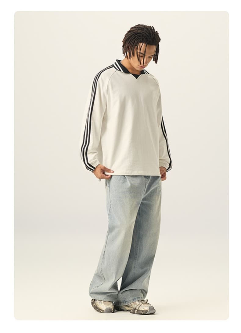 Striped Cotton Collared Pullover Sweatshirt