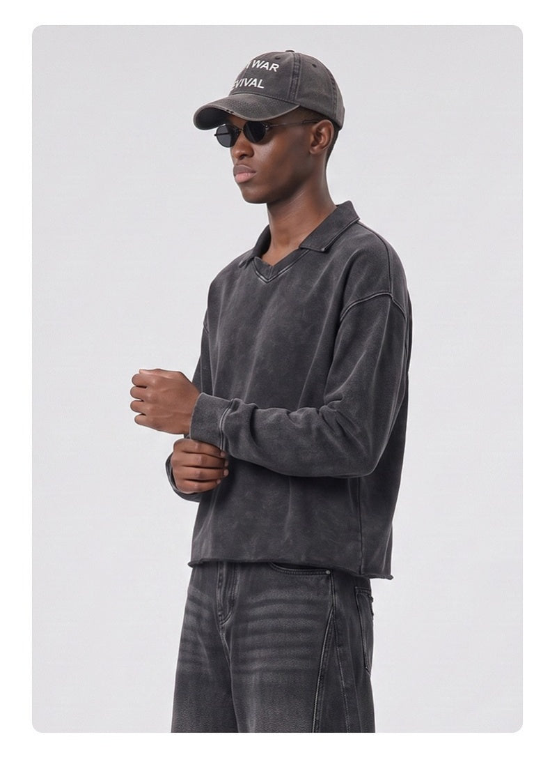 Washed Boxy V-Neck Terry Sweatshirt